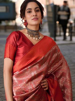 rust poly silk blend saree with unstitched blouse piece 2