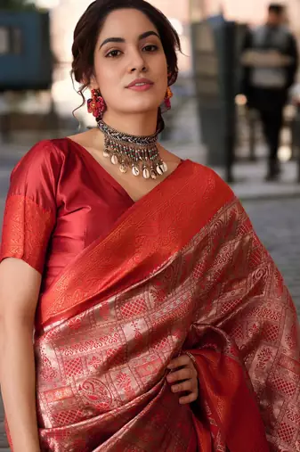 rust poly silk blend saree with unstitched blouse piece