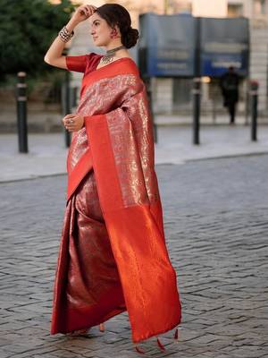 rust poly silk blend saree with unstitched blouse piece 3