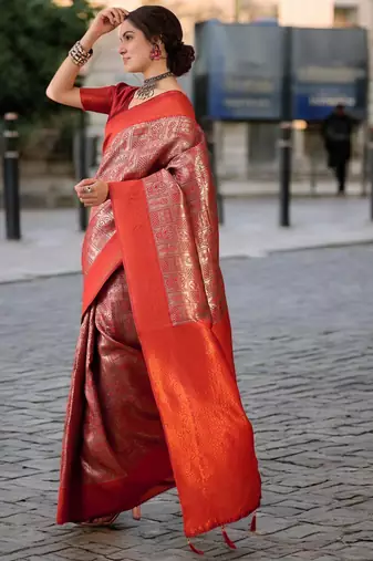 rust poly silk blend saree with unstitched blouse piece