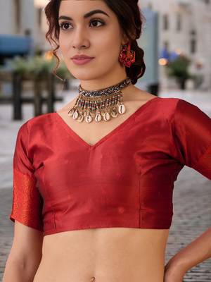 rust poly silk blend saree with unstitched blouse piece 4