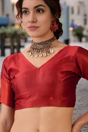 rust poly silk blend saree with unstitched blouse piece