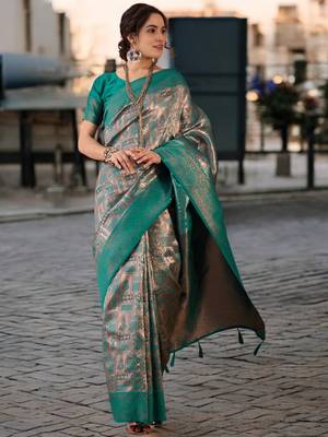 turquoise poly silk blend saree with unstitched blouse piece 1