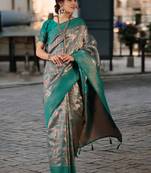 turquoise poly silk saree with unstitched blouse piece