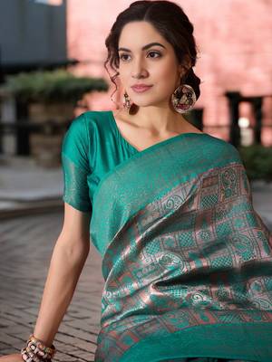 turquoise poly silk blend saree with unstitched blouse piece 2