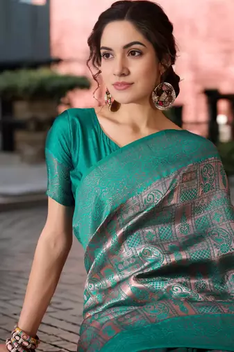 turquoise poly silk saree with unstitched blouse piece