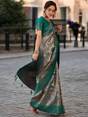 turquoise poly silk blend saree with unstitched blouse piece 3