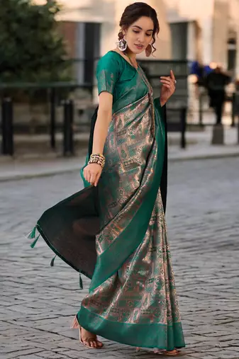 turquoise poly silk saree with unstitched blouse piece