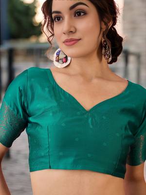 turquoise poly silk blend saree with unstitched blouse piece 4