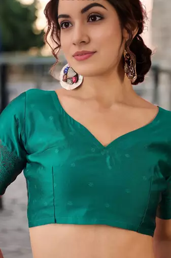 turquoise poly silk saree with unstitched blouse piece