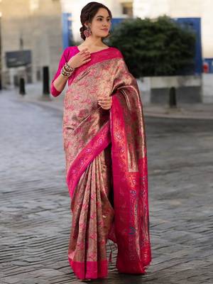 magenta poly silk blend saree with unstitched blouse piece 1