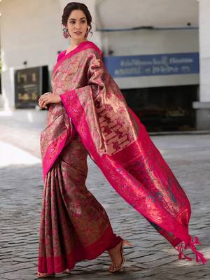 magenta poly silk blend saree with unstitched blouse piece 3