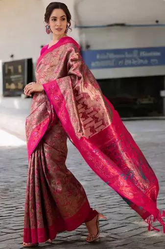 magenta poly silk blend saree with unstitched blouse piece