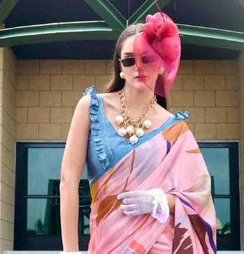 baby pink satin print saree with unstitched blouse piece 4