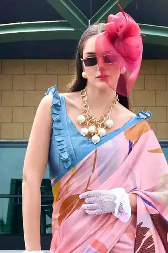 baby pink satin print saree with unstitched blouse piece