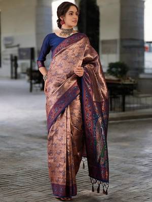 navy poly silk blend saree with unstitched blouse piece 1