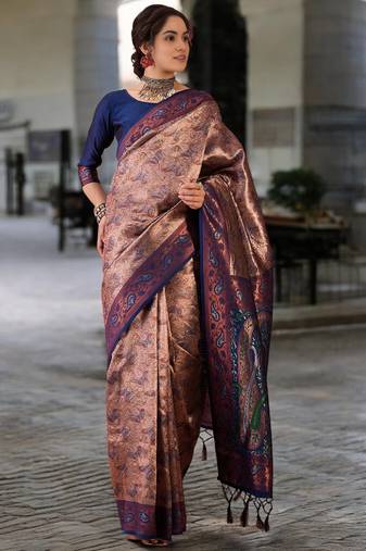 navy poly silk saree with unstitched blouse piece