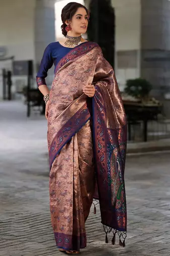 navy poly silk saree with unstitched blouse piece