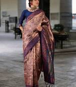 navy poly silk saree with unstitched blouse piece