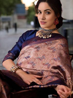 navy poly silk blend saree with unstitched blouse piece 2