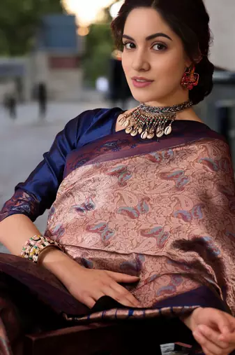 navy poly silk blend saree with unstitched blouse piece