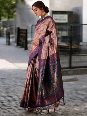 navy poly silk blend saree with unstitched blouse piece 3