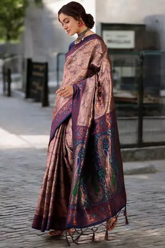 navy poly silk blend saree with unstitched blouse piece