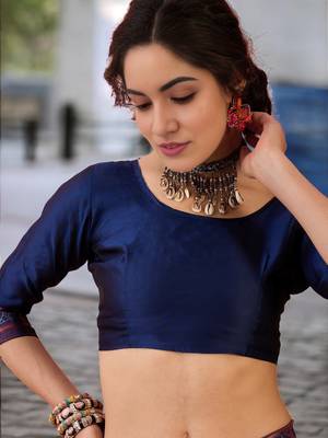 navy poly silk blend saree with unstitched blouse piece 4