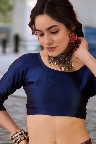 navy poly silk blend saree with unstitched blouse piece