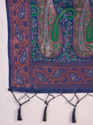 navy poly silk blend saree with unstitched blouse piece 5