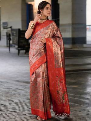 rust poly silk blend saree with unstitched blouse piece 1