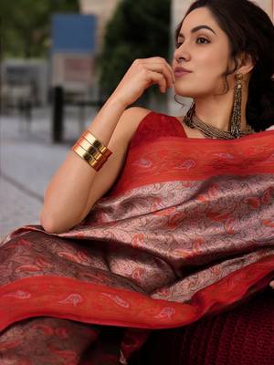 rust poly silk blend saree with unstitched blouse piece 2