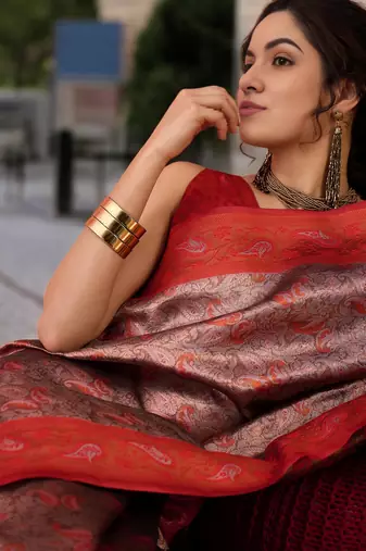 rust poly silk blend saree with unstitched blouse piece