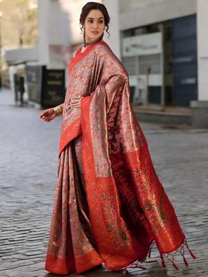 rust poly silk blend saree with unstitched blouse piece 3