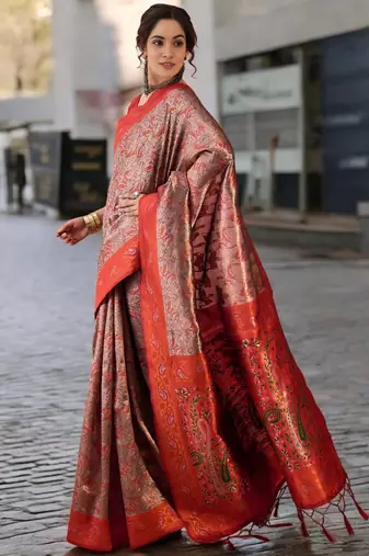 rust poly silk blend saree with unstitched blouse piece