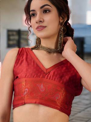 rust poly silk blend saree with unstitched blouse piece 4