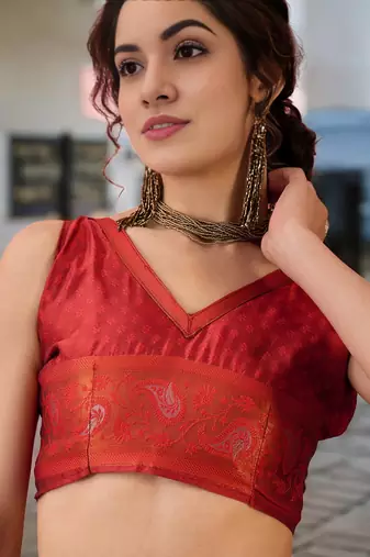 rust poly silk blend saree with unstitched blouse piece