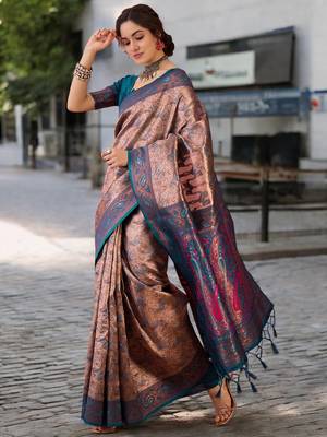 teal poly silk blend saree with unstitched blouse piece 1