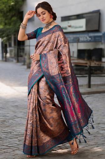 teal poly silk saree with unstitched blouse piece
