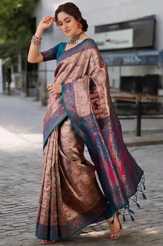 teal poly silk saree with unstitched blouse piece