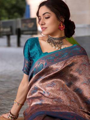 teal poly silk blend saree with unstitched blouse piece 2