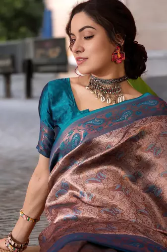 teal poly silk blend saree with unstitched blouse piece
