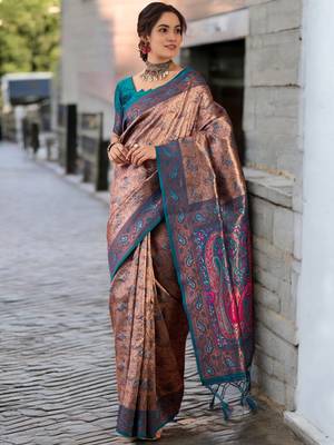 teal poly silk blend saree with unstitched blouse piece 3
