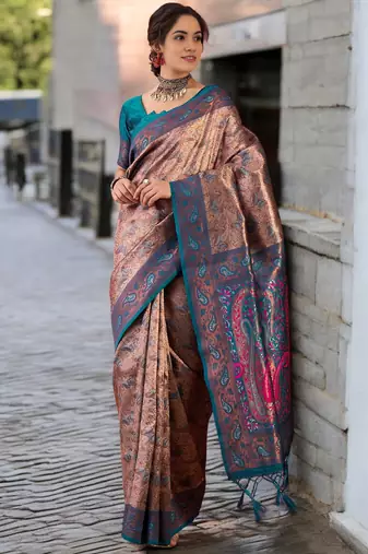 teal poly silk blend saree with unstitched blouse piece