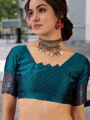 teal poly silk blend saree with unstitched blouse piece 4