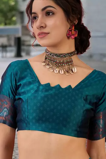teal poly silk blend saree with unstitched blouse piece