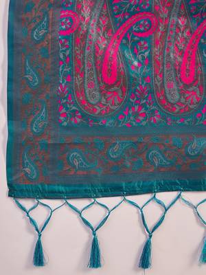 teal poly silk blend saree with unstitched blouse piece 5