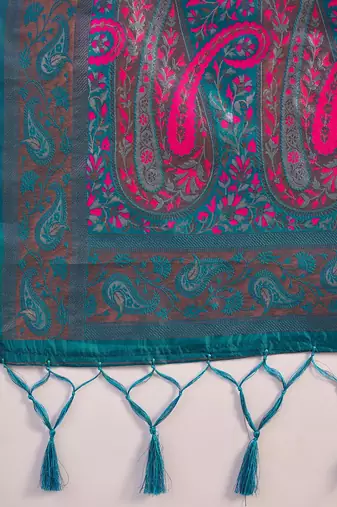 teal poly silk blend saree with unstitched blouse piece