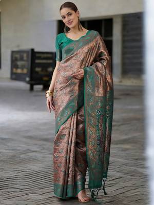 turquoise poly silk blend saree with unstitched blouse piece 1