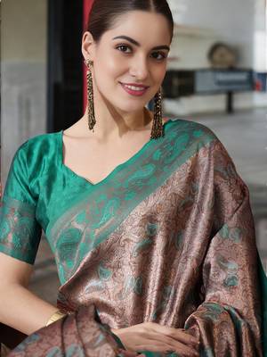 turquoise poly silk blend saree with unstitched blouse piece 2